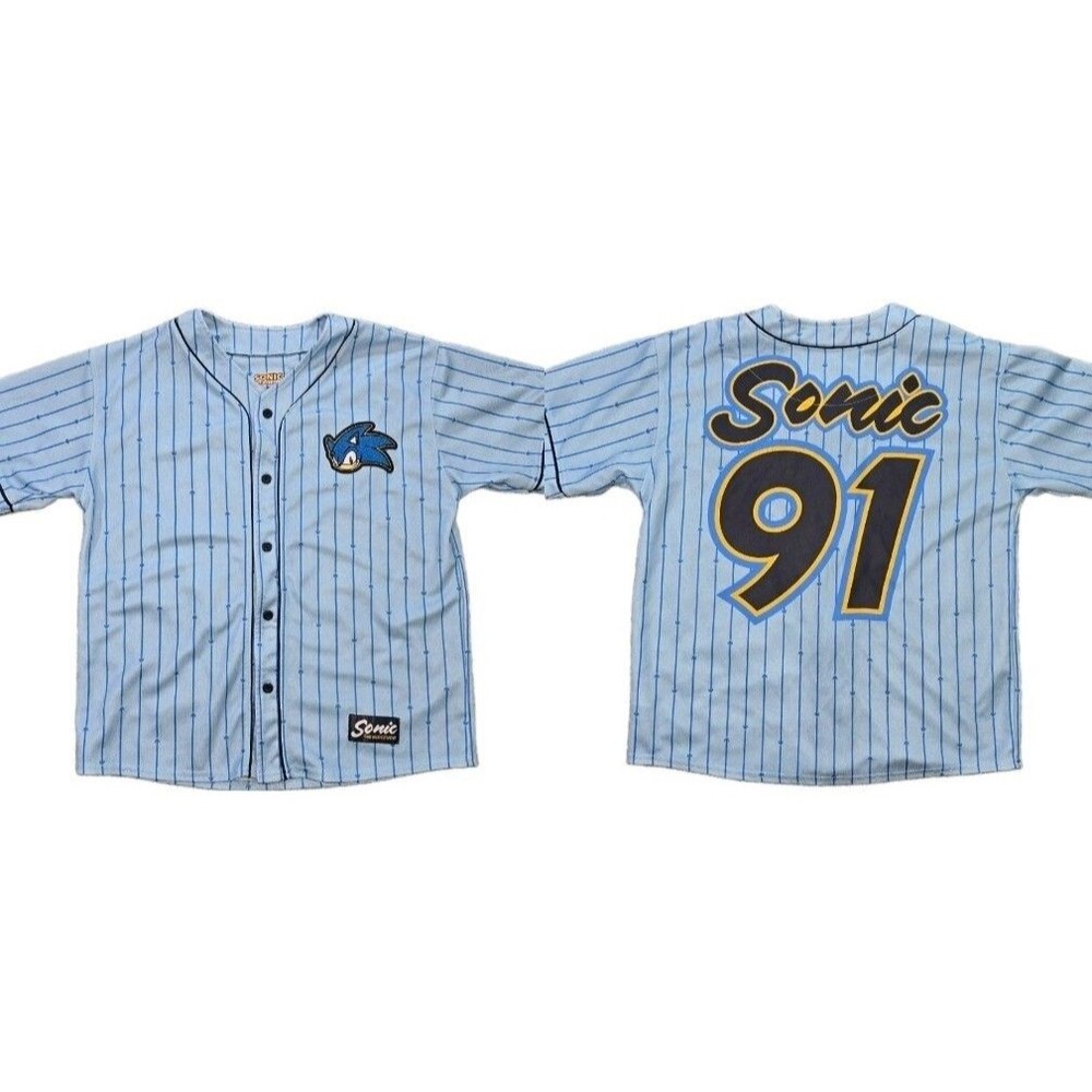 Boys Sonic The Hedgehog Baseball Jersey XL 14/16 SEGA #91 Blue Button Up